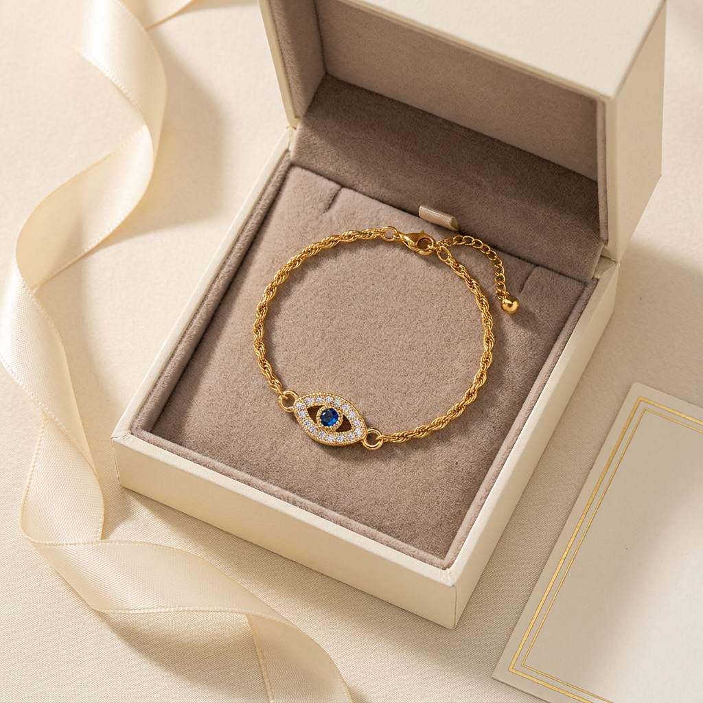 Aria Lucky Eye Bracelet displayed in an ivory gift box, ready to gift