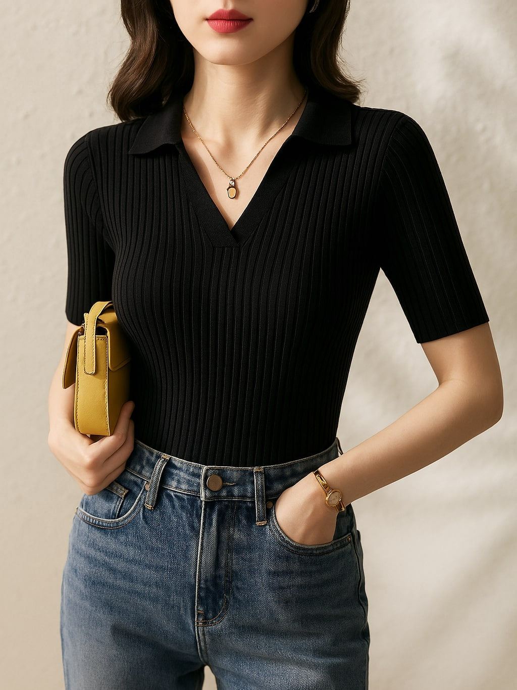 Alba Ribbed Knit Polo Shirt