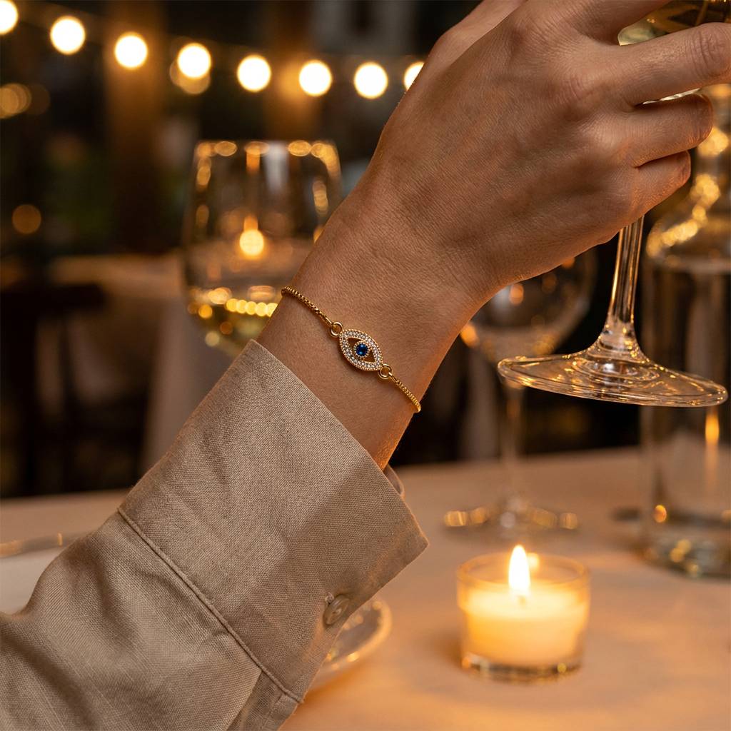 Aria Lucky Eye Bracelet at a candlelit dinner with silk-linen shirt