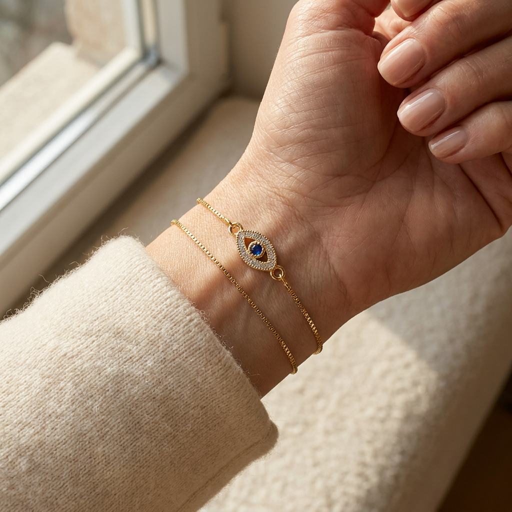 Aria Lucky Eye Bracelet stacked with a thin gold chain bracelet