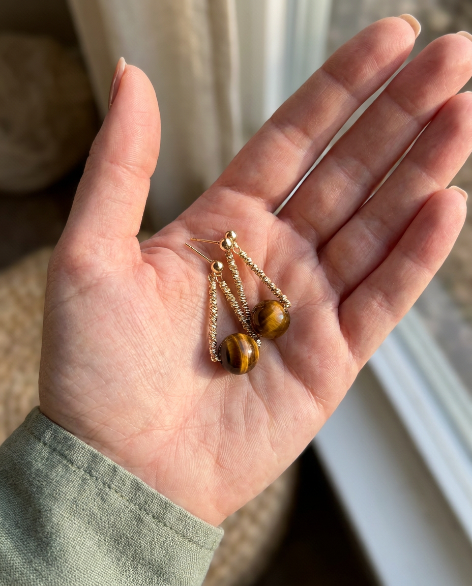 Customer wearing Aurelia Tiger's Eye earrings — café candid