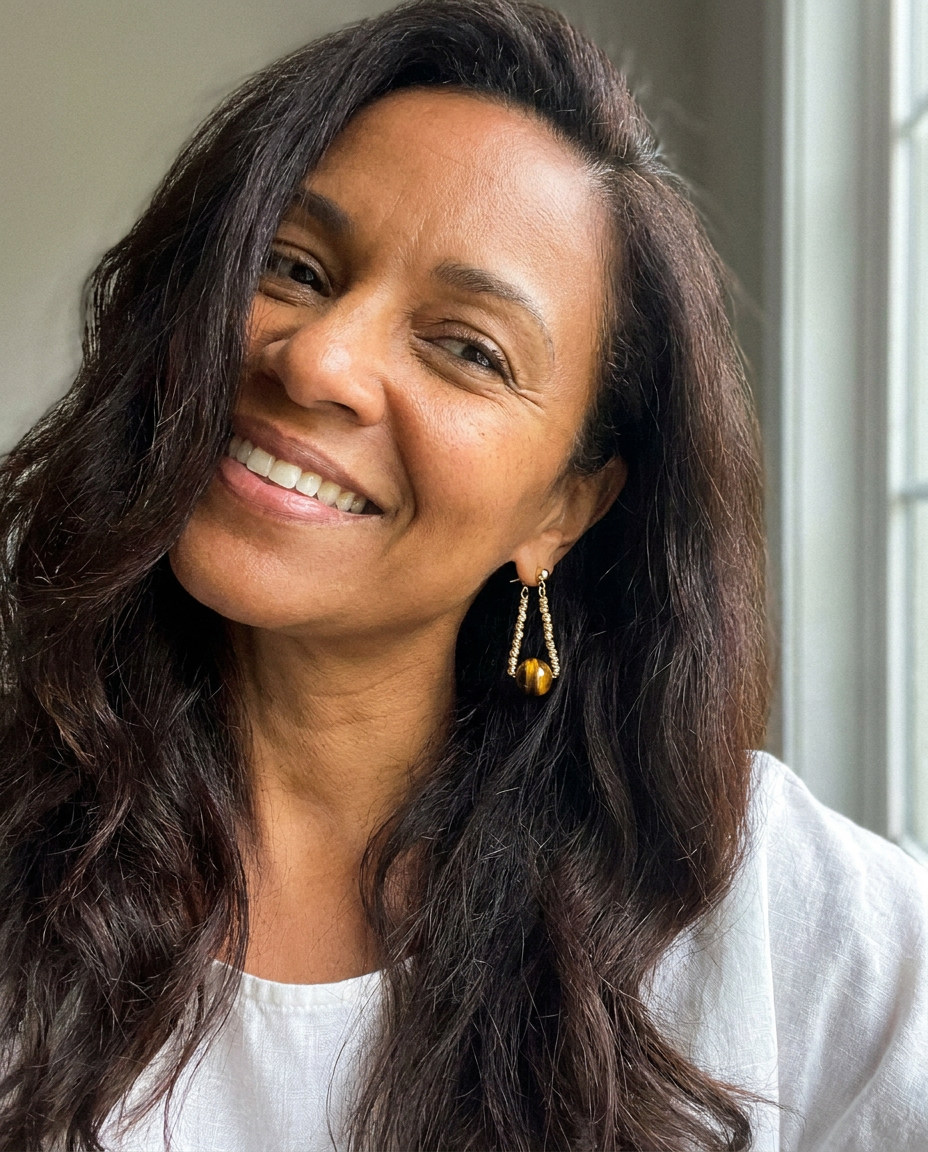 Customer wearing Aurelia Tiger's Eye earrings — vanity moment