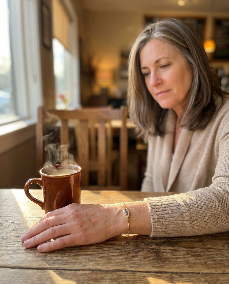 Aria Lucky Eye Bracelet styled with cream cardigan at a wooden cafe table