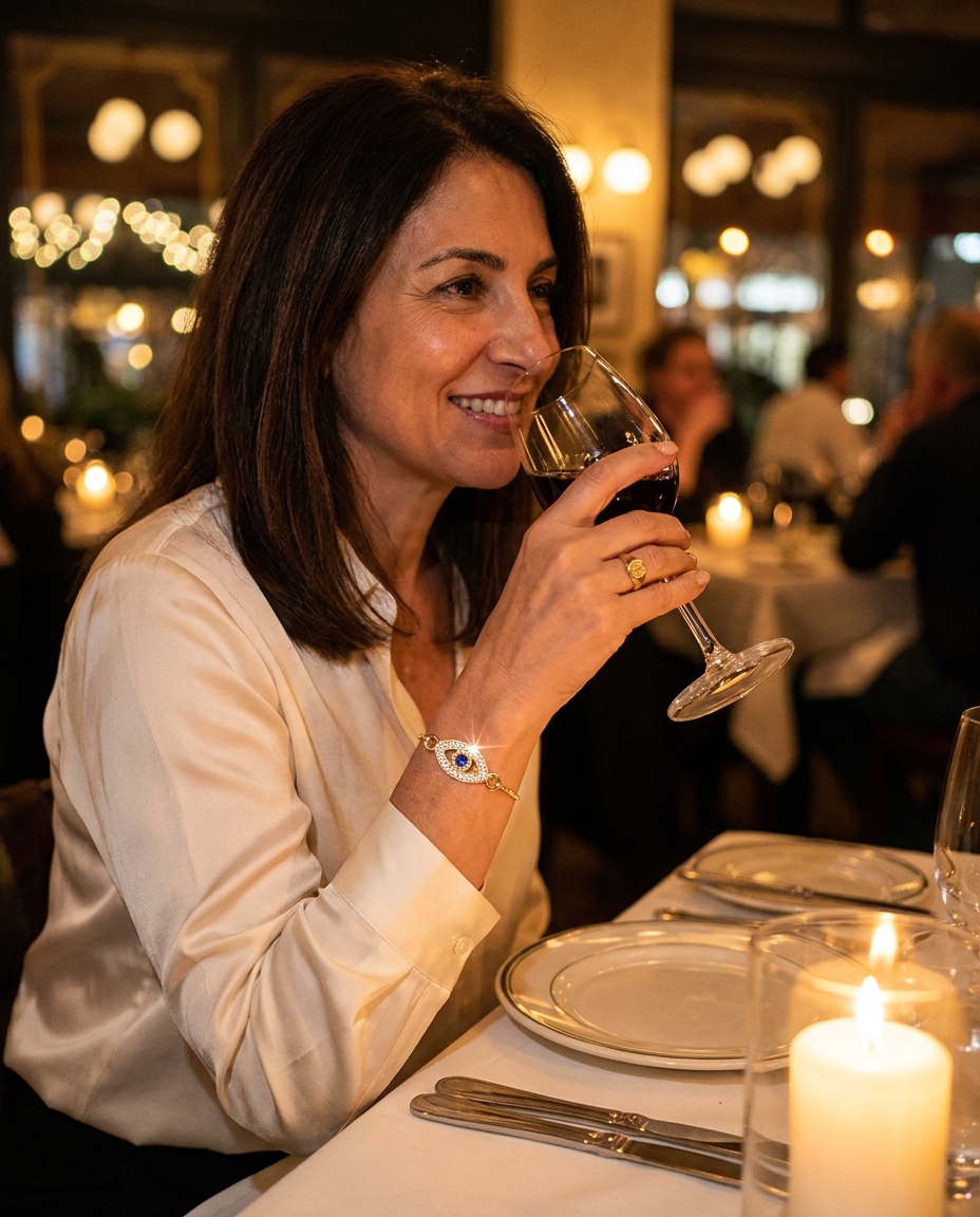 Aria Lucky Eye Bracelet worn at a candlelit dinner with silk blouse