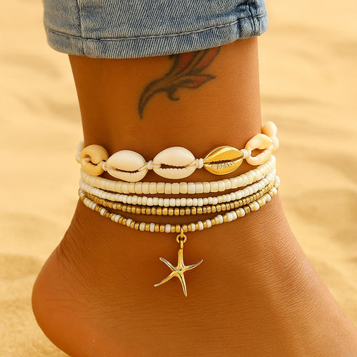 Ava Shell Beaded Anklet Set