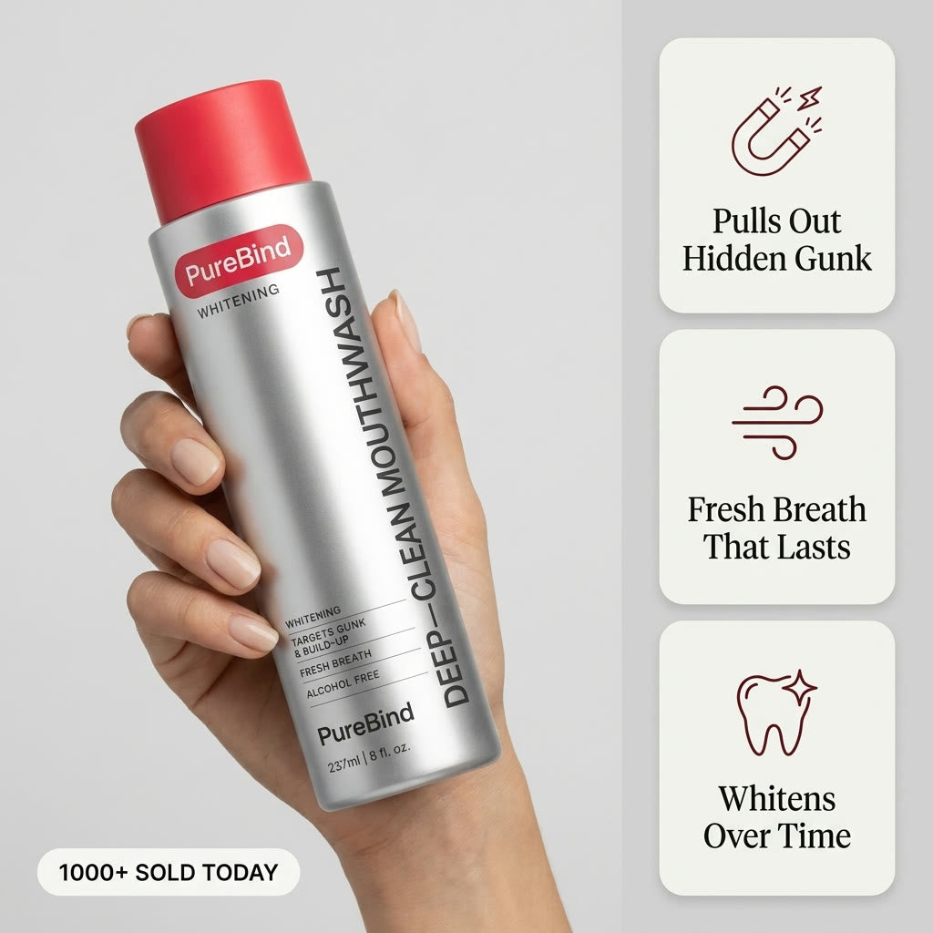 PureBind Deep-Clean Mouthwash held in hand with key benefits: pulls out hidden gunk, fresh breath that lasts, whitens over time