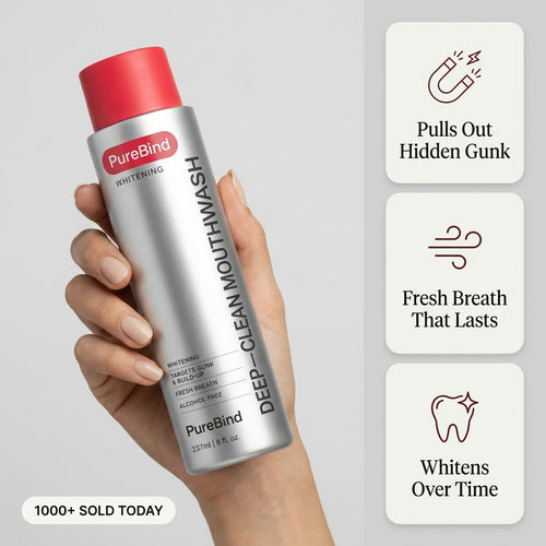 PureBind Deep-Clean Mouthwash held in hand with key benefits: pulls out hidden gunk, fresh breath that lasts, whitens over time