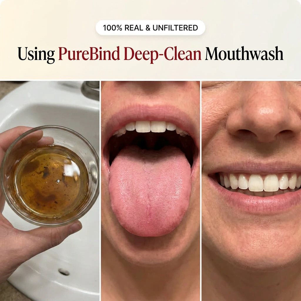 What PureBind pulled out — the glass, a clean tongue, a brighter smile
