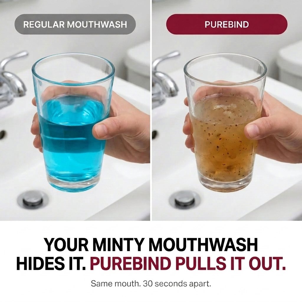 Regular mouthwash comes out clear; PureBind comes out full of the gunk it pulled from the same mouth