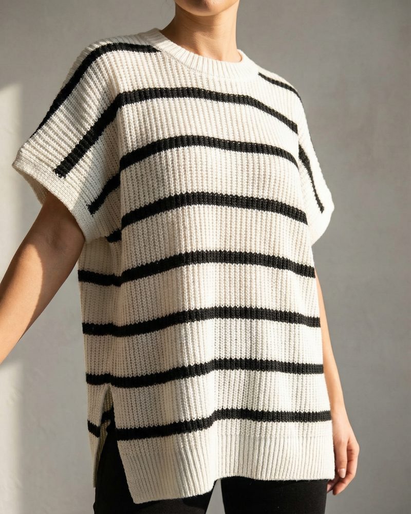Clara Ribbed Knit Top - White Stripe